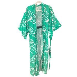 Vintage Japanese Green Crane Kimono Cotton